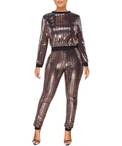 Womens 2 Piece Outfits & Sexy Silver Glitter Sequins & Metallic Shiny Top and Pants Set -Silver & Bronze $34.19 Activewear