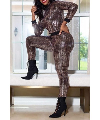 Womens 2 Piece Outfits & Sexy Silver Glitter Sequins & Metallic Shiny Top and Pants Set -Silver & Bronze $34.19 Activewear