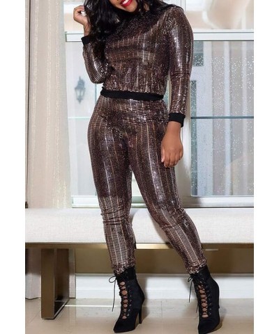 Womens 2 Piece Outfits & Sexy Silver Glitter Sequins & Metallic Shiny Top and Pants Set -Silver & Bronze $34.19 Activewear