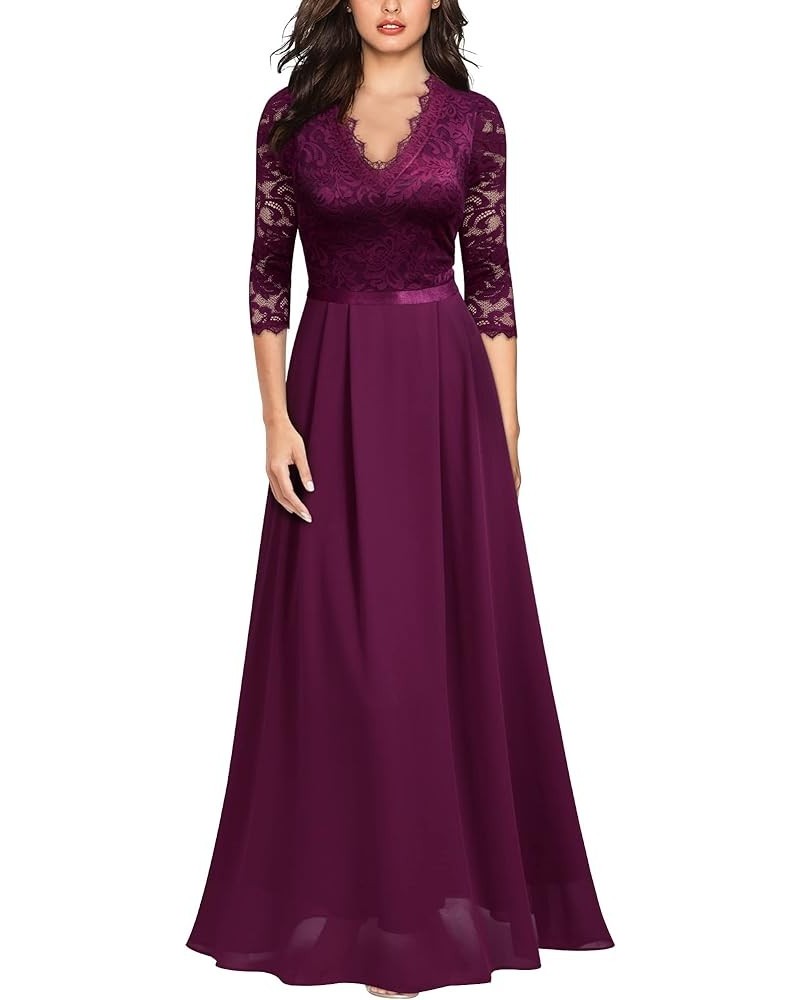 Women's Formal Floral Lace 2/3 Sleeves Long Evening Party Maxi Dress Magenta $33.81 Dresses