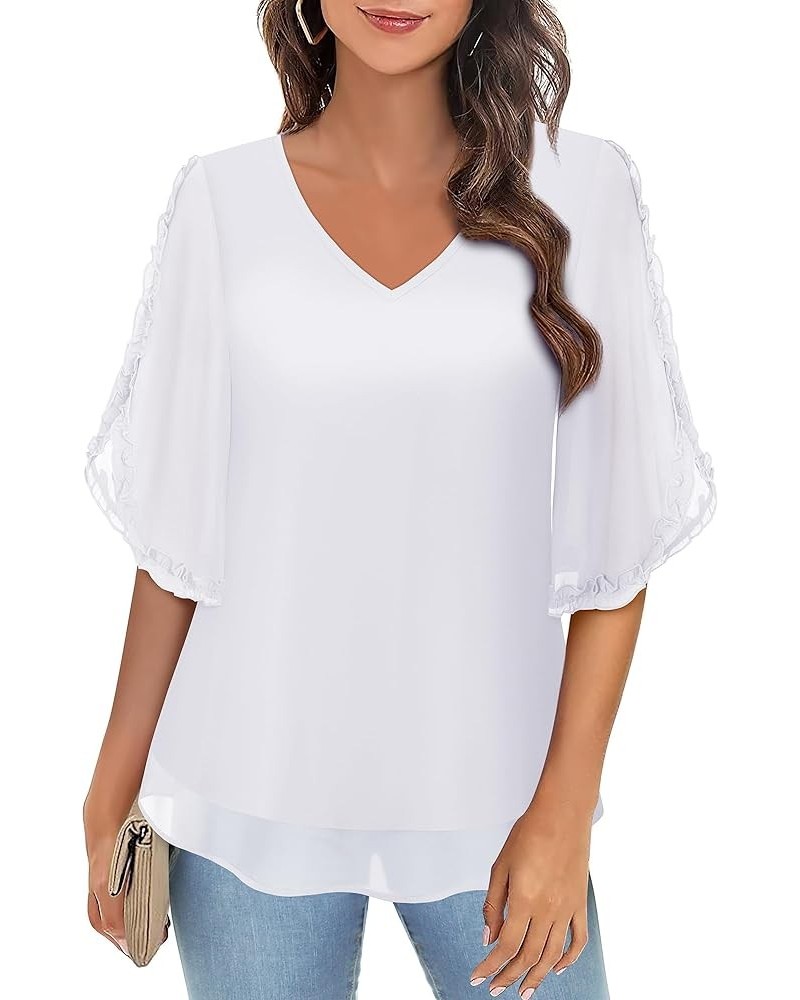 Womens Ruffle Half Sleeve Blouses Double Layered Blouse V Neck Chiffon Dressy Tops White $14.08 Blouses