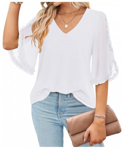 Womens Ruffle Half Sleeve Blouses Double Layered Blouse V Neck Chiffon Dressy Tops White $14.08 Blouses