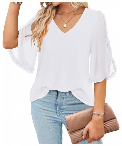 Womens Ruffle Half Sleeve Blouses Double Layered Blouse V Neck Chiffon Dressy Tops White $14.08 Blouses