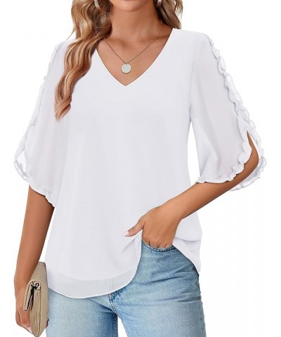 Womens Ruffle Half Sleeve Blouses Double Layered Blouse V Neck Chiffon Dressy Tops White $14.08 Blouses