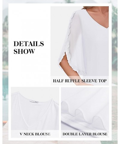 Womens Ruffle Half Sleeve Blouses Double Layered Blouse V Neck Chiffon Dressy Tops White $14.08 Blouses