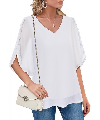 Womens Ruffle Half Sleeve Blouses Double Layered Blouse V Neck Chiffon Dressy Tops White $14.08 Blouses