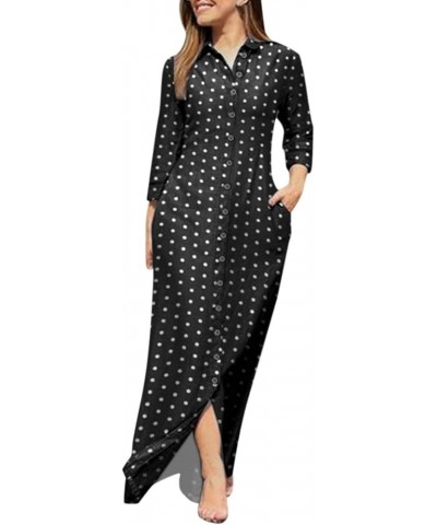 Fall Clothes 2022, Maxi Beach Dress Ladies Lapel V Neck Long Sleeve Robe Prints Dress Buttons Cute Tight Dresses D-black $15....