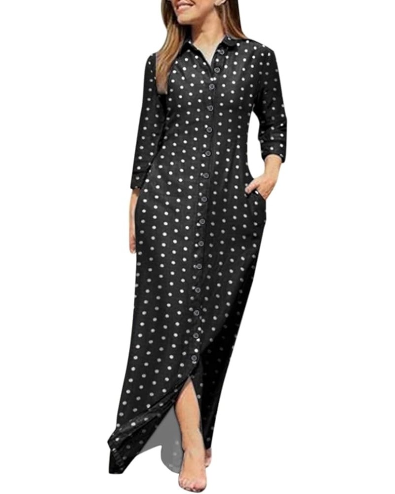 Fall Clothes 2022, Maxi Beach Dress Ladies Lapel V Neck Long Sleeve Robe Prints Dress Buttons Cute Tight Dresses D-black $15....