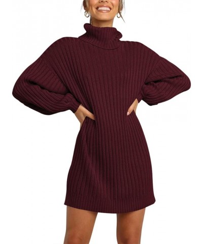 Women's Sweater Dress Turtleneck Long Balloon Sleeve Ribbed Knit Oversized Pullover Dresses Burgundy $18.19 Sweaters