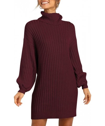 Women's Sweater Dress Turtleneck Long Balloon Sleeve Ribbed Knit Oversized Pullover Dresses Burgundy $18.19 Sweaters