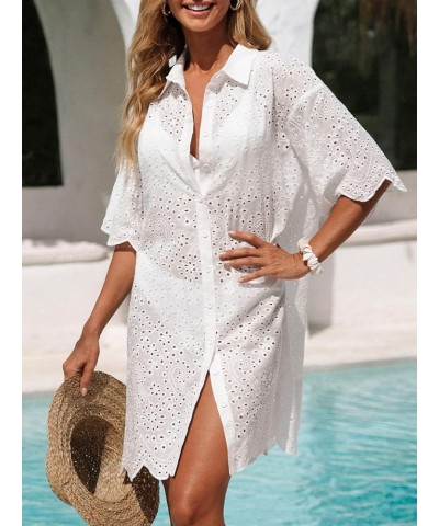 Women's Eyelet Button-Front Cover-Up Shirt 3/4 Sleeve Scalloped Trim Mini Dress White $14.60 Swimsuits