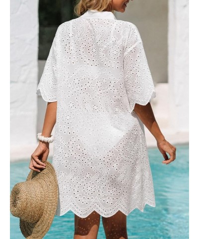 Women's Eyelet Button-Front Cover-Up Shirt 3/4 Sleeve Scalloped Trim Mini Dress White $14.60 Swimsuits