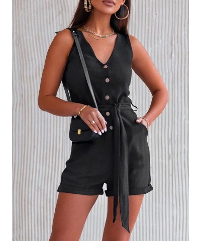 Women's Summer Rompers V Neck Sleeveless Rompers Casual Shorts Jumpsuit with Pockets Black $18.80 Jumpsuits