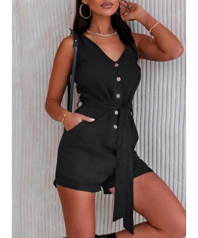 Women's Summer Rompers V Neck Sleeveless Rompers Casual Shorts Jumpsuit with Pockets Black $18.80 Jumpsuits