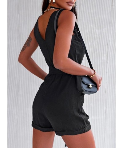 Women's Summer Rompers V Neck Sleeveless Rompers Casual Shorts Jumpsuit with Pockets Black $18.80 Jumpsuits