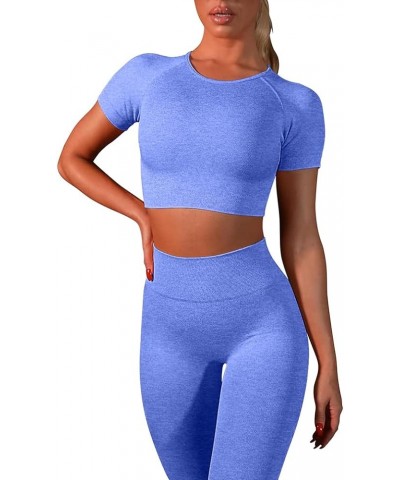 Workout Sets for Women 2 Piece Outfits Seamless High Waist Yoga Leggings Running Sports Crop Top Gym Sets Blue $13.95 Activewear