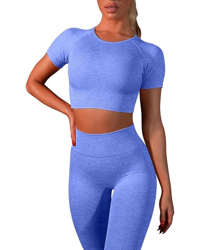 Workout Sets for Women 2 Piece Outfits Seamless High Waist Yoga Leggings Running Sports Crop Top Gym Sets Blue $13.95 Activewear