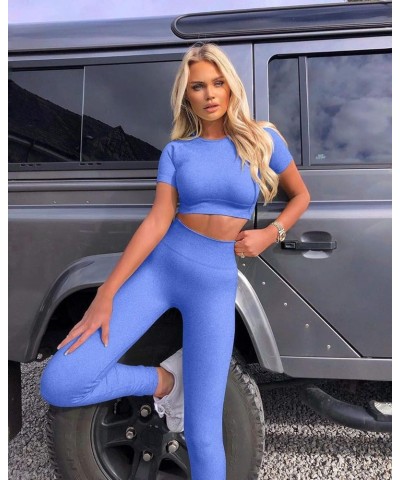 Workout Sets for Women 2 Piece Outfits Seamless High Waist Yoga Leggings Running Sports Crop Top Gym Sets Blue $13.95 Activewear