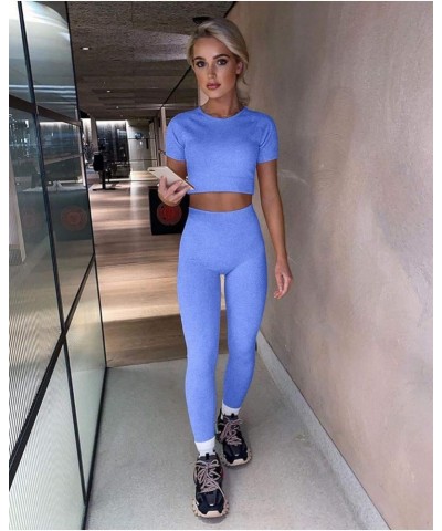 Workout Sets for Women 2 Piece Outfits Seamless High Waist Yoga Leggings Running Sports Crop Top Gym Sets Blue $13.95 Activewear