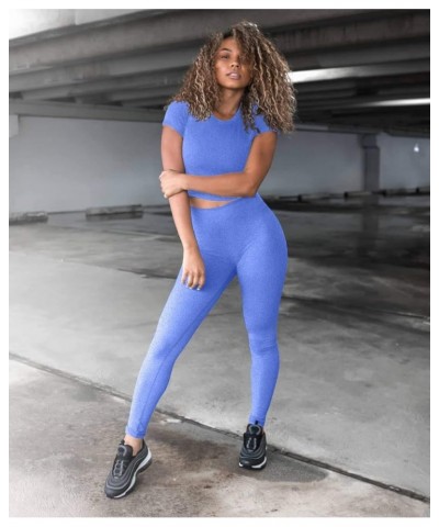 Workout Sets for Women 2 Piece Outfits Seamless High Waist Yoga Leggings Running Sports Crop Top Gym Sets Blue $13.95 Activewear