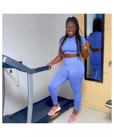 Workout Sets for Women 2 Piece Outfits Seamless High Waist Yoga Leggings Running Sports Crop Top Gym Sets Blue $13.95 Activewear