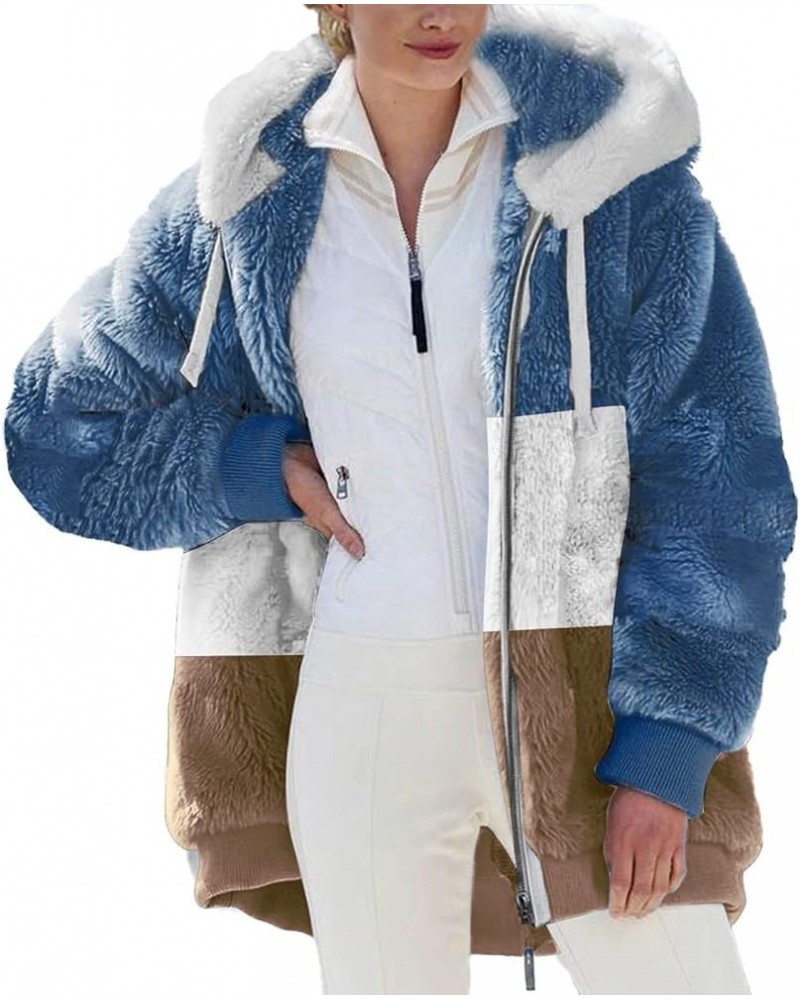 Women Oversized Fuzzy Fleece Color Block Faux Shearling Coat Warm Hooded Zip Up Winter Jacket with Pockets 3 Khaki $7.64 Jackets