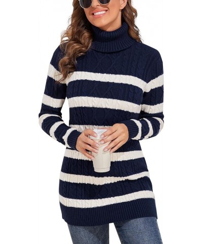 Women's Long Sweaters Turtleneck Plus Size Cozy Cable Knit Tunic Sweater Tops Navy (White Stripe) $26.45 Sweaters