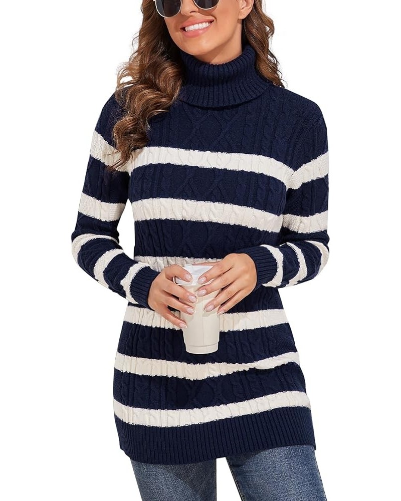 Women's Long Sweaters Turtleneck Plus Size Cozy Cable Knit Tunic Sweater Tops Navy (White Stripe) $26.45 Sweaters