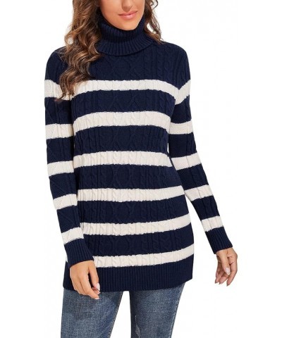 Women's Long Sweaters Turtleneck Plus Size Cozy Cable Knit Tunic Sweater Tops Navy (White Stripe) $26.45 Sweaters