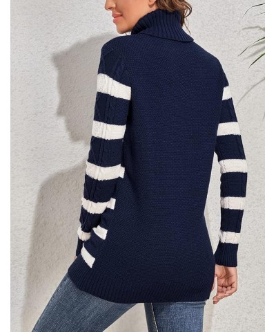 Women's Long Sweaters Turtleneck Plus Size Cozy Cable Knit Tunic Sweater Tops Navy (White Stripe) $26.45 Sweaters