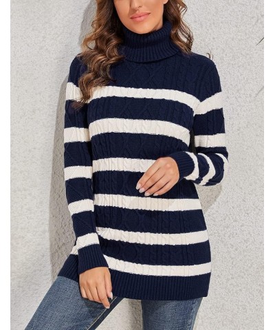 Women's Long Sweaters Turtleneck Plus Size Cozy Cable Knit Tunic Sweater Tops Navy (White Stripe) $26.45 Sweaters