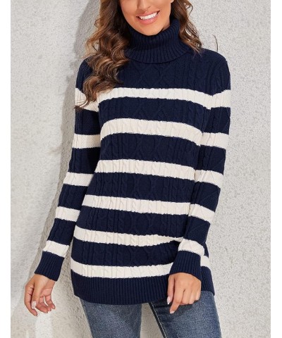 Women's Long Sweaters Turtleneck Plus Size Cozy Cable Knit Tunic Sweater Tops Navy (White Stripe) $26.45 Sweaters