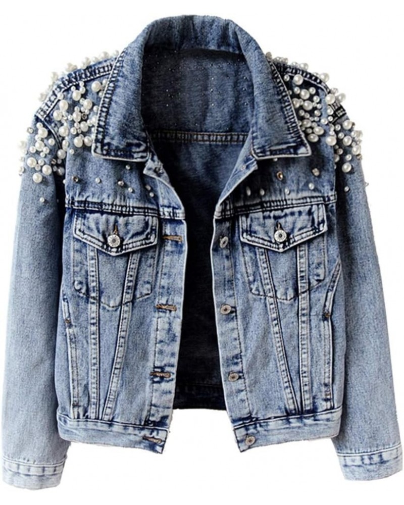 Women's Embroidered Rivet Pearl Short Denim Jacket Coat Blue $23.75 Jackets