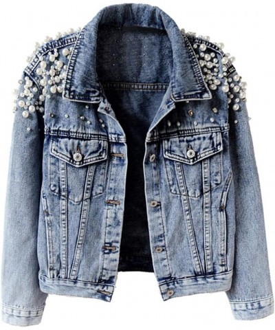 Women's Embroidered Rivet Pearl Short Denim Jacket Coat Blue $23.75 Jackets