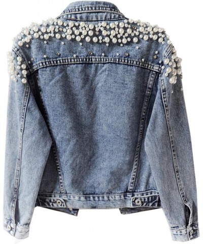 Women's Embroidered Rivet Pearl Short Denim Jacket Coat Blue $23.75 Jackets