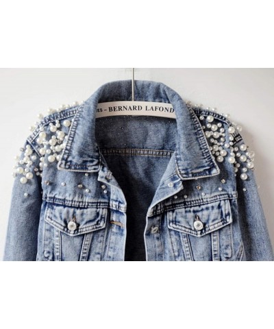 Women's Embroidered Rivet Pearl Short Denim Jacket Coat Blue $23.75 Jackets