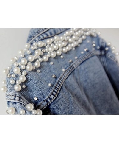 Women's Embroidered Rivet Pearl Short Denim Jacket Coat Blue $23.75 Jackets