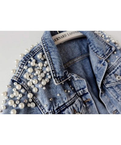 Women's Embroidered Rivet Pearl Short Denim Jacket Coat Blue $23.75 Jackets