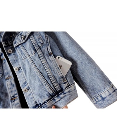 Women's Embroidered Rivet Pearl Short Denim Jacket Coat Blue $23.75 Jackets