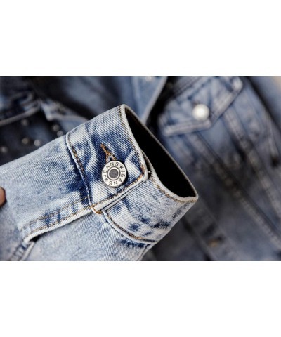 Women's Embroidered Rivet Pearl Short Denim Jacket Coat Blue $23.75 Jackets