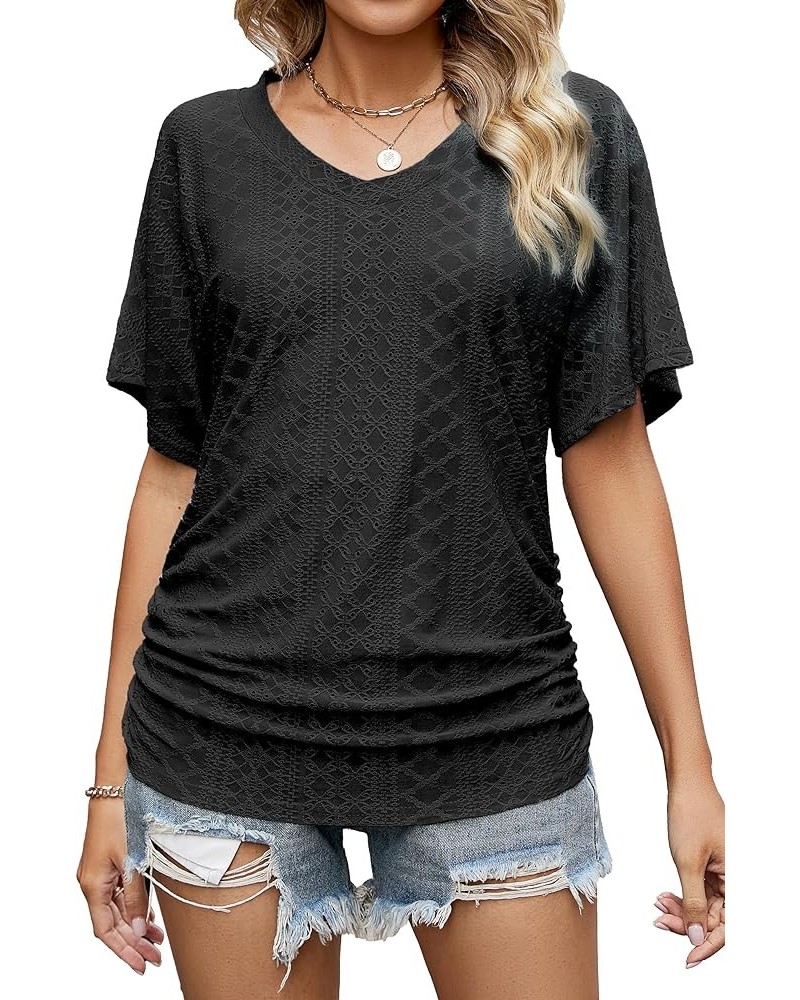 Women's V Neck T Shirts Short Sleeve Summer Casual Loose Dolman Tops with Side Shirring Jacquard Black $12.23 T-Shirts