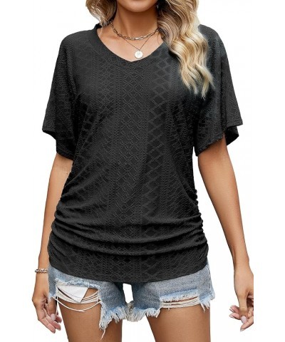 Women's V Neck T Shirts Short Sleeve Summer Casual Loose Dolman Tops with Side Shirring Jacquard Black $12.23 T-Shirts