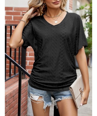 Women's V Neck T Shirts Short Sleeve Summer Casual Loose Dolman Tops with Side Shirring Jacquard Black $12.23 T-Shirts