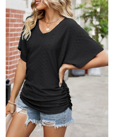 Women's V Neck T Shirts Short Sleeve Summer Casual Loose Dolman Tops with Side Shirring Jacquard Black $12.23 T-Shirts