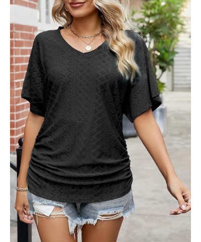 Women's V Neck T Shirts Short Sleeve Summer Casual Loose Dolman Tops with Side Shirring Jacquard Black $12.23 T-Shirts