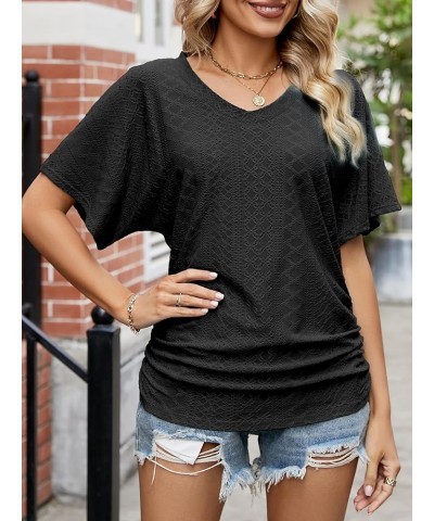 Women's V Neck T Shirts Short Sleeve Summer Casual Loose Dolman Tops with Side Shirring Jacquard Black $12.23 T-Shirts