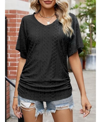 Women's V Neck T Shirts Short Sleeve Summer Casual Loose Dolman Tops with Side Shirring Jacquard Black $12.23 T-Shirts