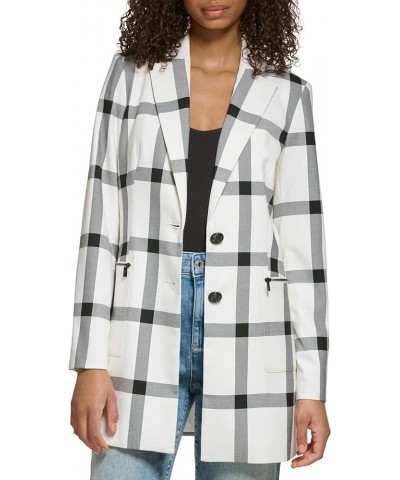 Women's Windowpane Long Sleeve Soft Jacket Soft White Black $39.06 Jackets