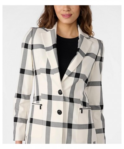 Women's Windowpane Long Sleeve Soft Jacket Soft White Black $39.06 Jackets