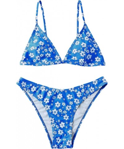 Women's Two Piece Bathing Suit Floral Print Triangle Bikini Swimsuit Blue $15.80 Swimsuits